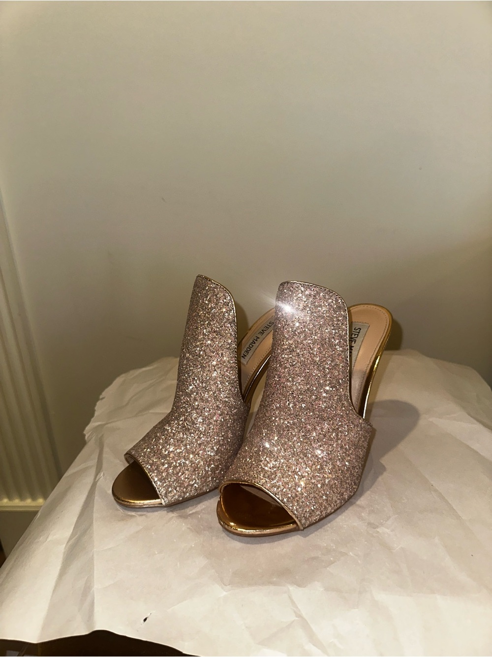 Sinful Rose Gold Glitter Open-Toe Mules